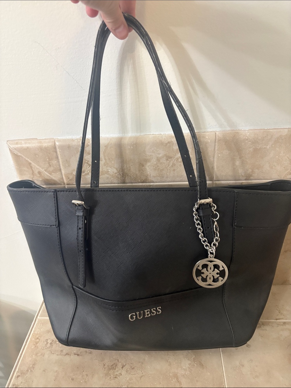 GUESS Black Tote with Silver Logo Charm